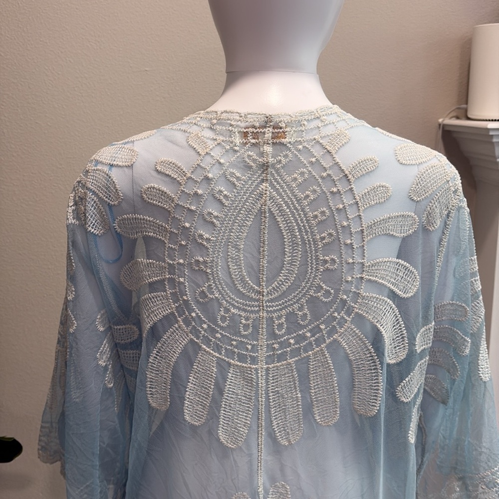 Rebellion Sheer Mesh Embroidered Beach Cover Up Cardigan Size M Blue Long Duster - Picture 11 of 14